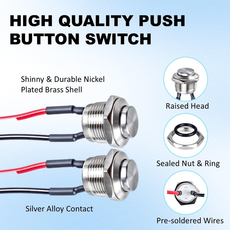 Punnzer (2-Pack) 12mm Silver Metal Waterproof Momentary Push Button Switch - IP66 Rated, 1/2" Mount Hole, 1NO Contact (0-220V) High Head - Image 4
